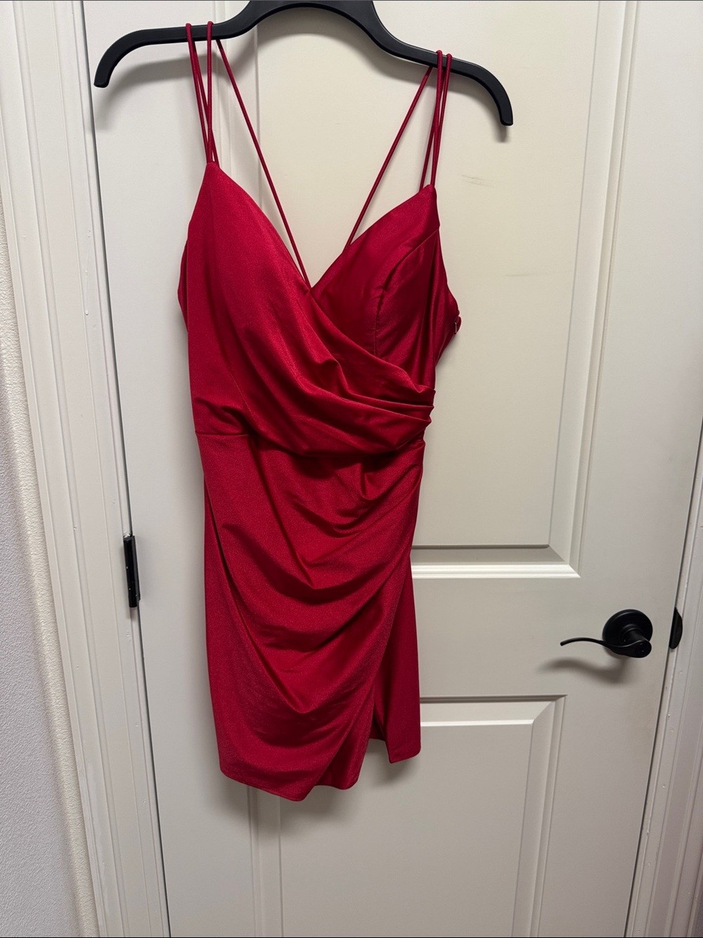 Red Satin Wrap-Front Mini Dress